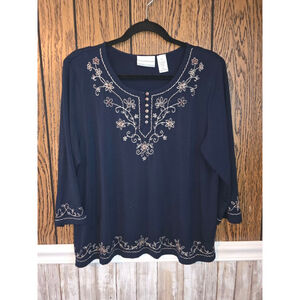 Women's Alfred Dunner Petite Navy Long Sleeve Tee with Floral Embroidery